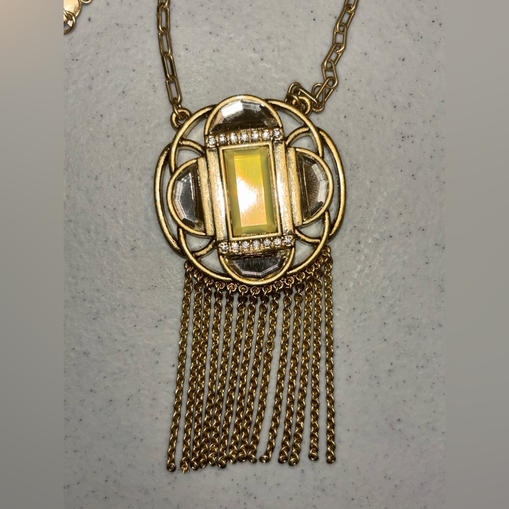 Vintage Lia Sophia Gold Tone Art Noveau Rhinestone Necklace Gatsby Tassle NWT